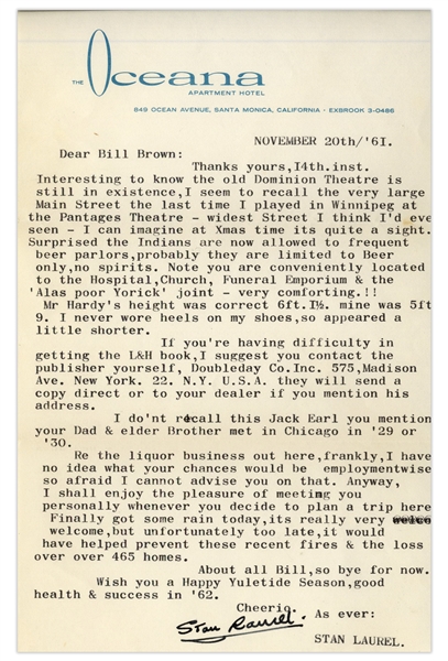 Stan Laurel Letter Signed Regarding the 1961 Bel Air Fire: ''...got some rain today...unfortunately too late, it would have helped prevent these recent fires & the loss over 465 homes...''